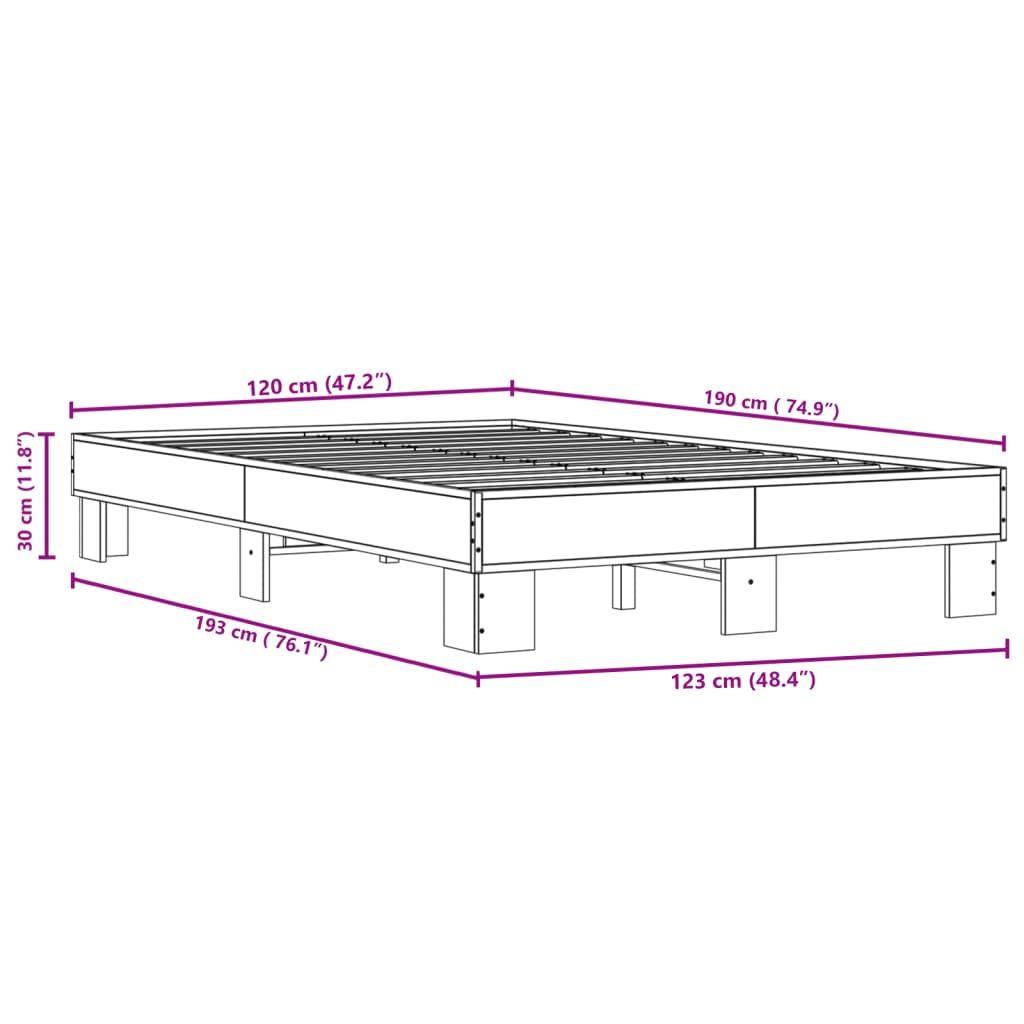 Bed Frame Brown Oak 120x190 cm Small Double Engineered Wood and Metal