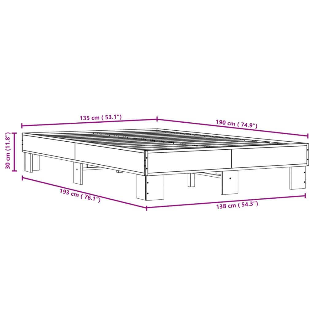 Bed Frame Grey Sonoma 135x190 cm Double Engineered Wood and Metal