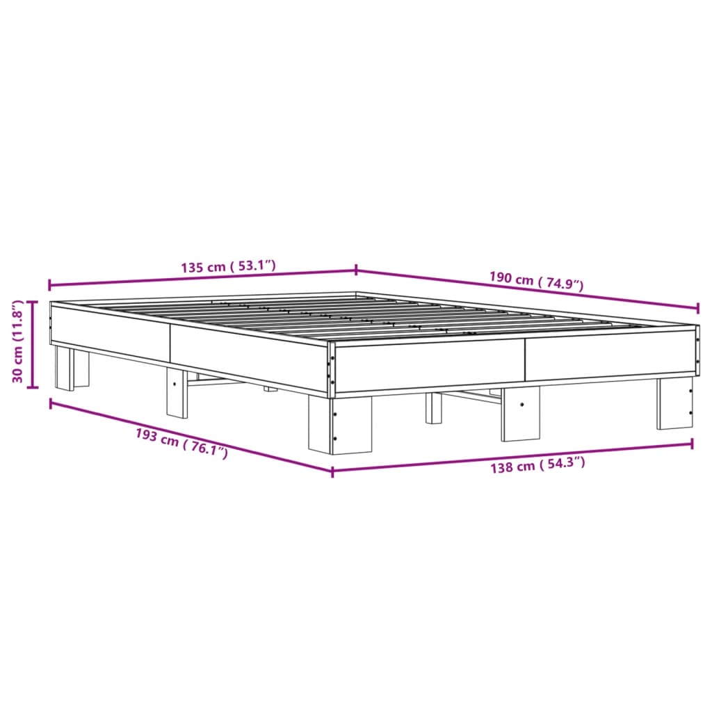 Bed Frame Brown Oak 135x190 cm Double Engineered Wood and Metal