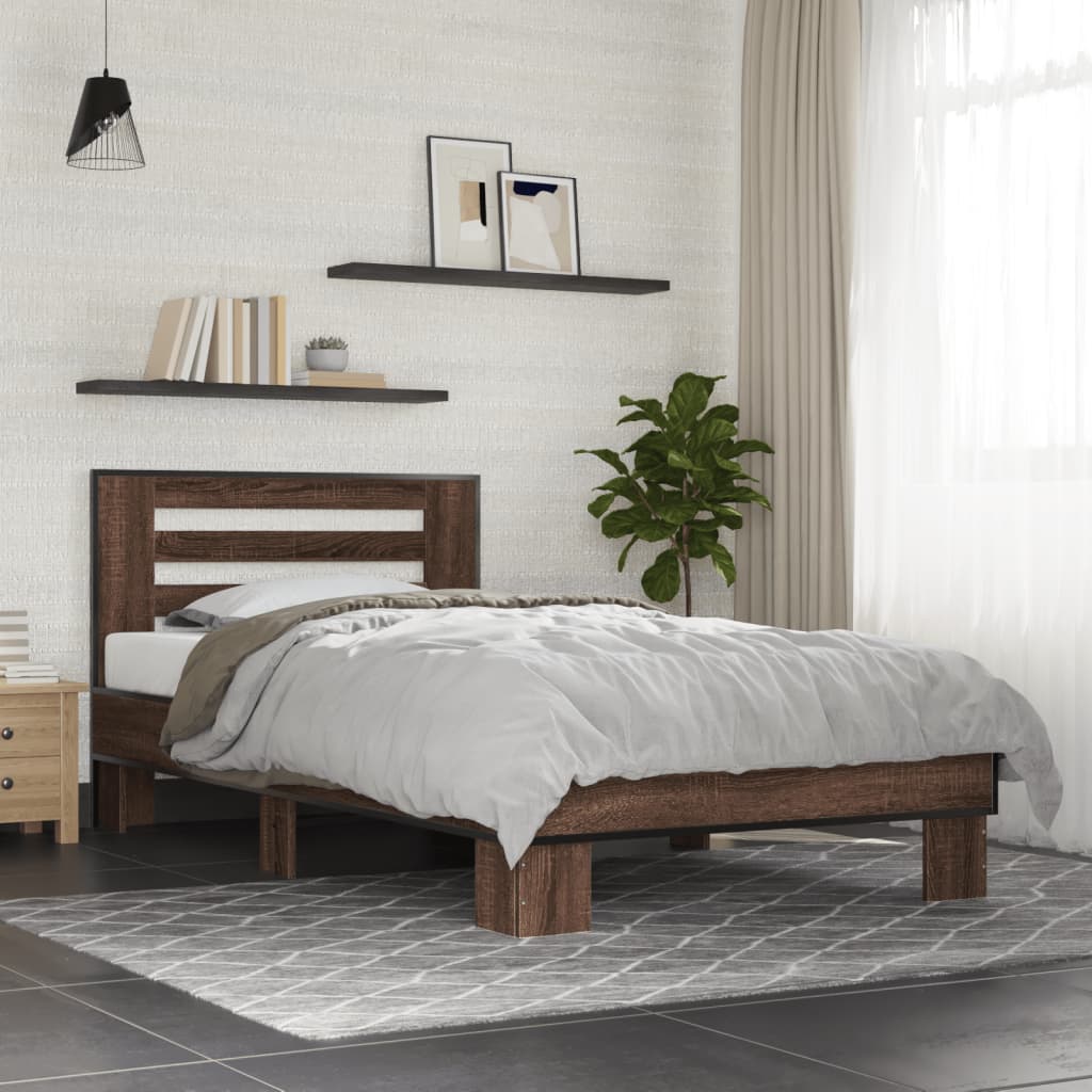 Bed Frame Brown Oak 90x190 cm Single Engineered Wood and Metal