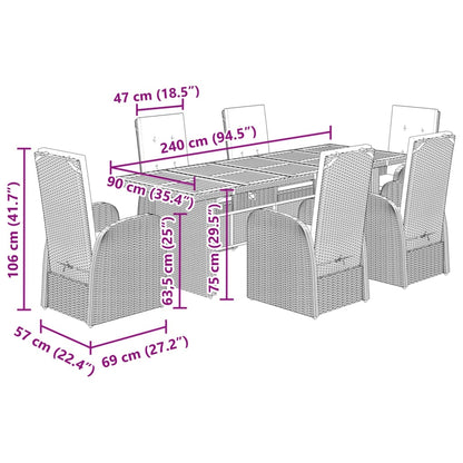 7 Piece Garden Dining Set with Cushions Grey Poly Rattan