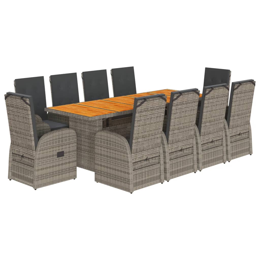 11 Piece Garden Dining Set with Cushions Grey Poly Rattan