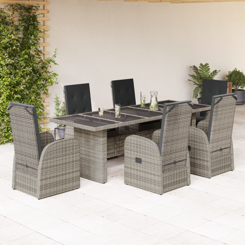 7 Piece Garden Dining Set with Cushions Grey Poly Rattan