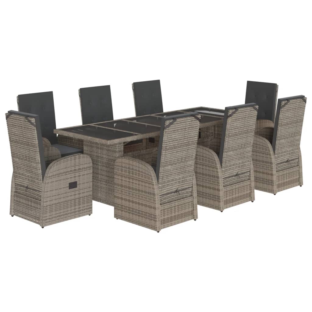 9 Piece Garden Dining Set with Cushions Grey Poly Rattan