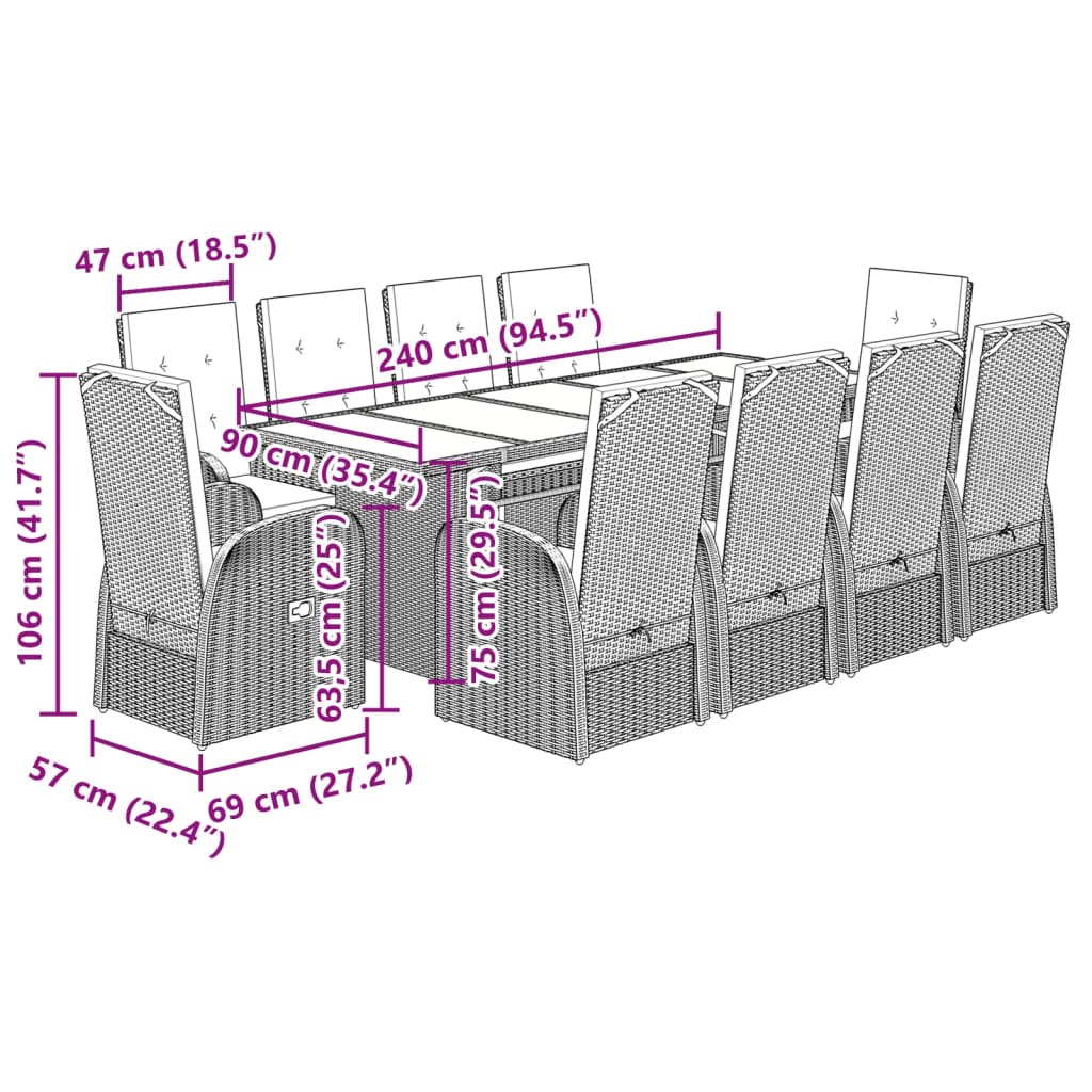 11 Piece Garden Dining Set with Cushions Grey Poly Rattan