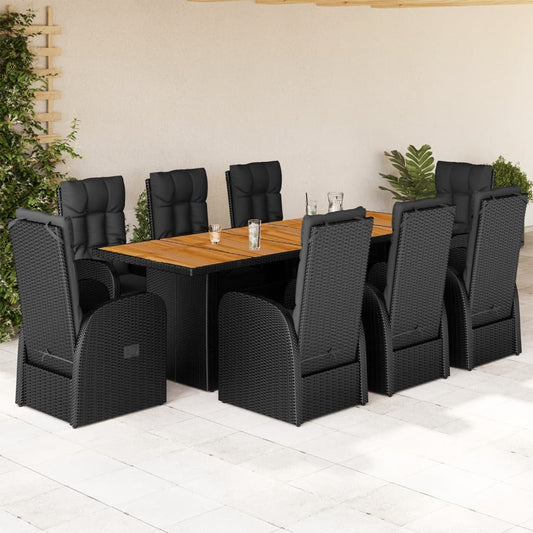 9 Piece Garden Dining Set with Cushions Black Poly Rattan