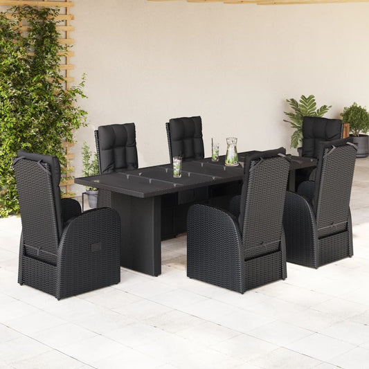 7 Piece Garden Dining Set with Cushions Black Poly Rattan