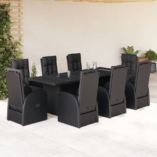 9 Piece Garden Dining Set with Cushions Black Poly Rattan