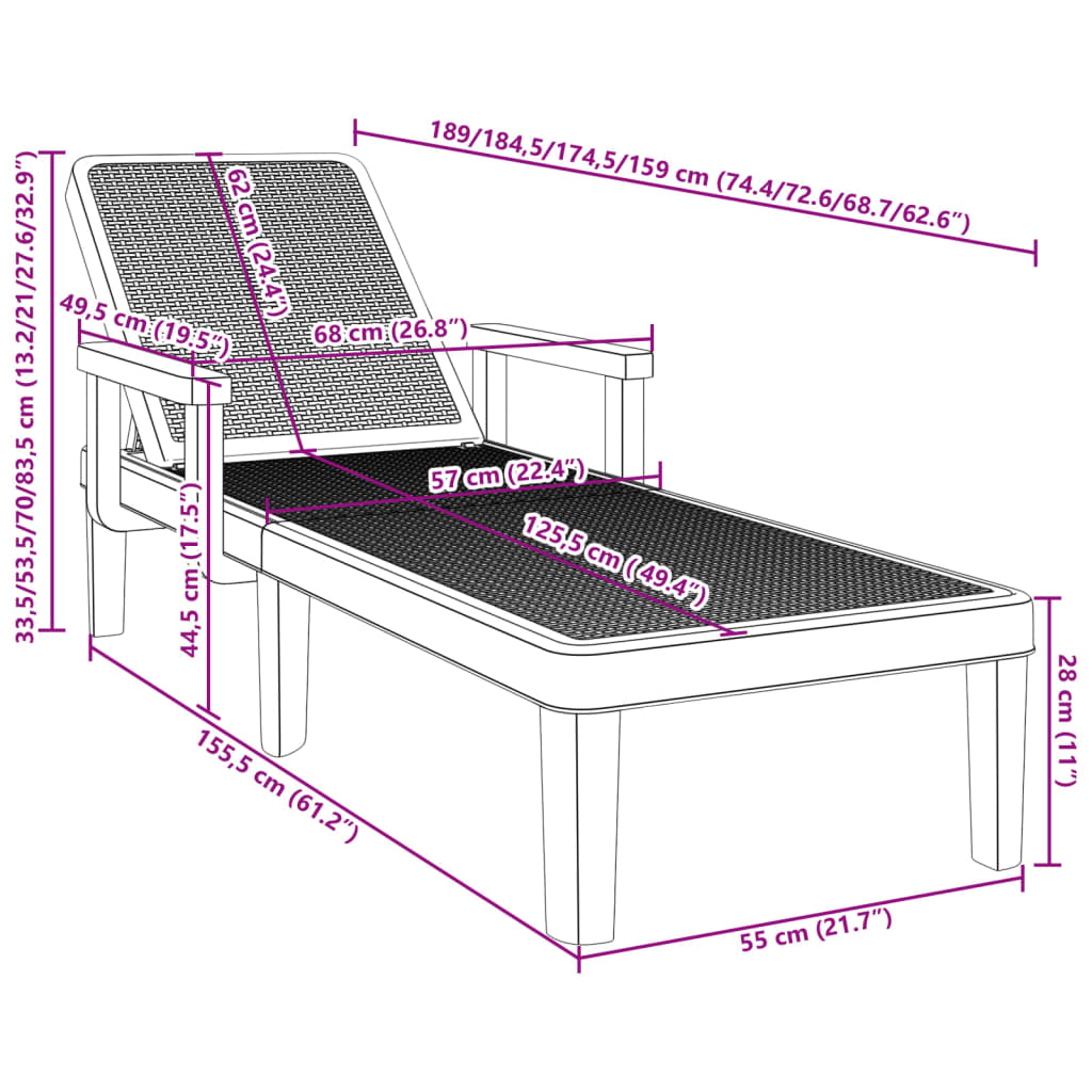 4-Way Height Adjustable Sun Lounger 155.5x57x28 cm Polypropylene