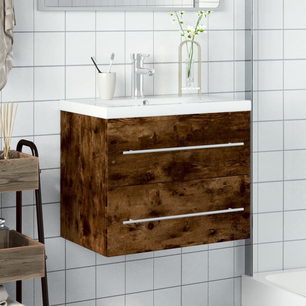 Bathroom Sink Cabinet with Built-in Basin Smoked Oak