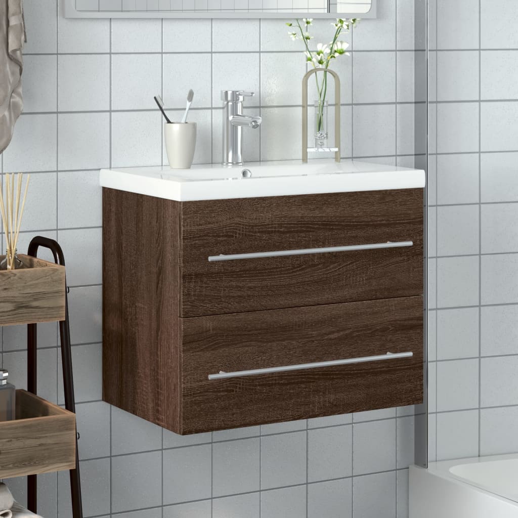 Bathroom Sink Cabinet with Built-in Basin Brown Oak