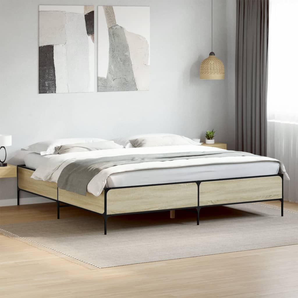 Bed Frame Sonoma Oak 200x200 cm Engineered Wood and Metal