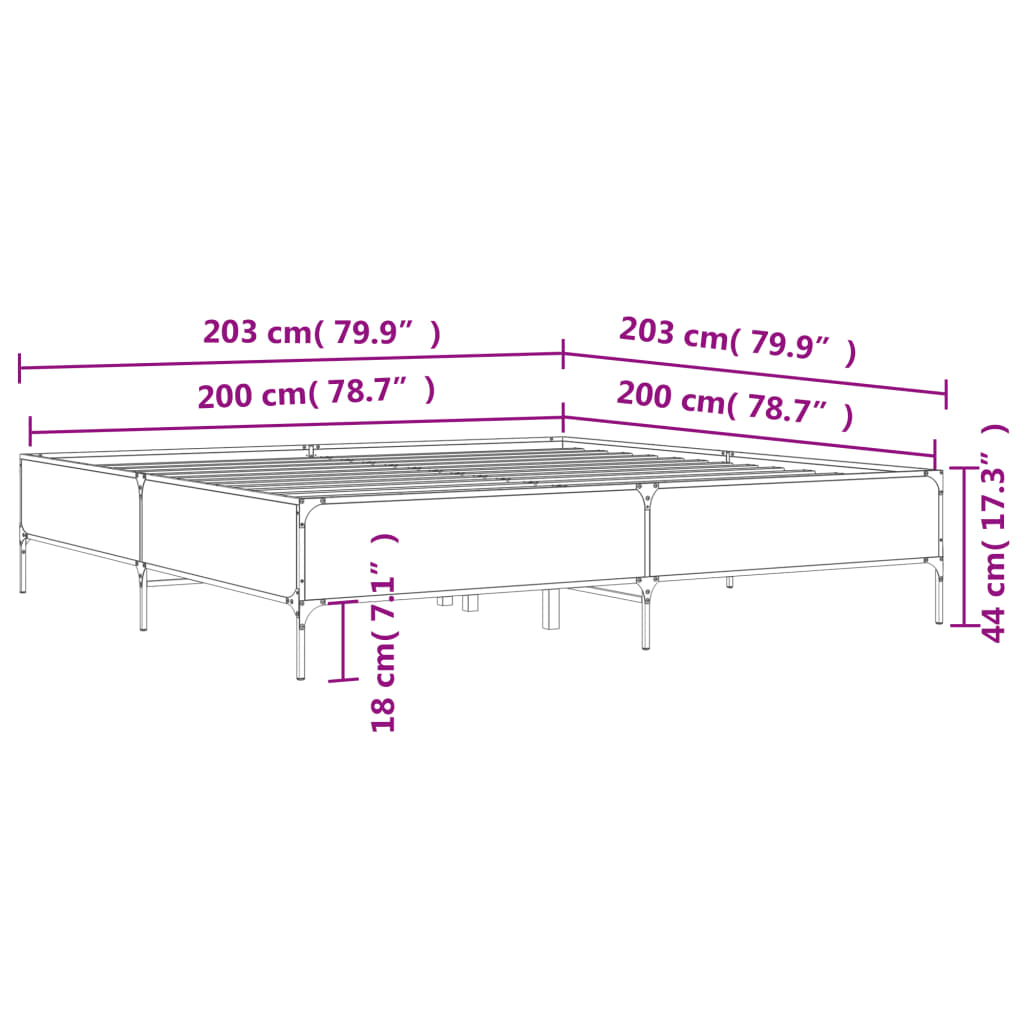 Bed Frame Sonoma Oak 200x200 cm Engineered Wood and Metal