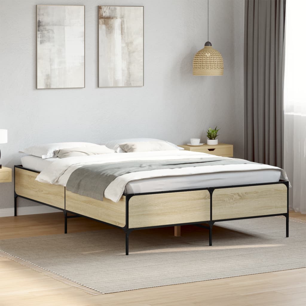 Bed Frame Sonoma Oak 160x200 cm Engineered Wood and Metal