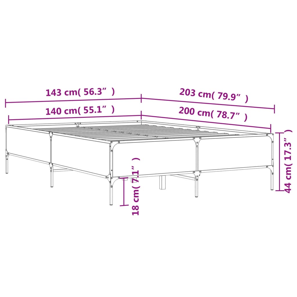 Bed Frame Sonoma Oak 140x200 cm Engineered Wood and Metal