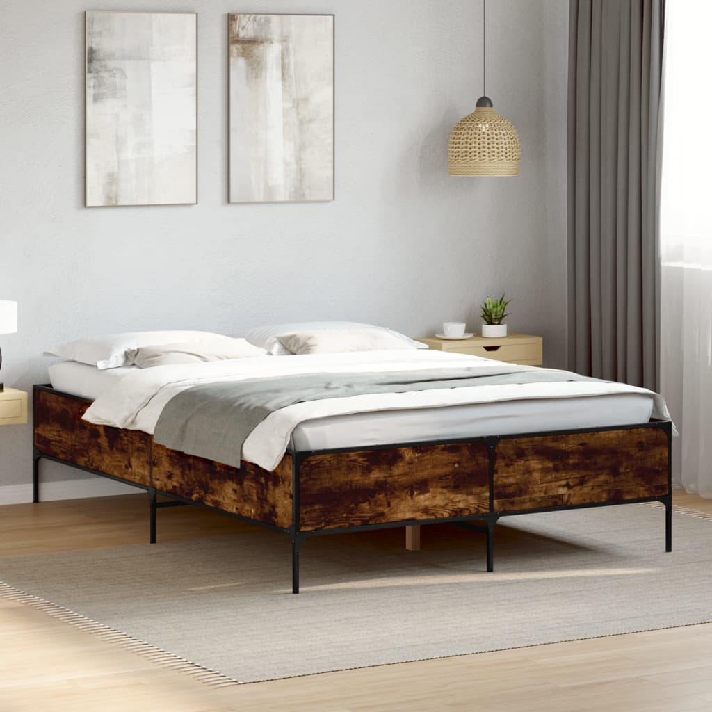 Bed Frame Smoked Oak 140x200 cm Engineered Wood and Metal