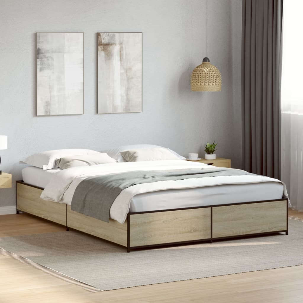 Bed Frame Sonoma Oak 150x200 cm King Size Engineered Wood and Metal