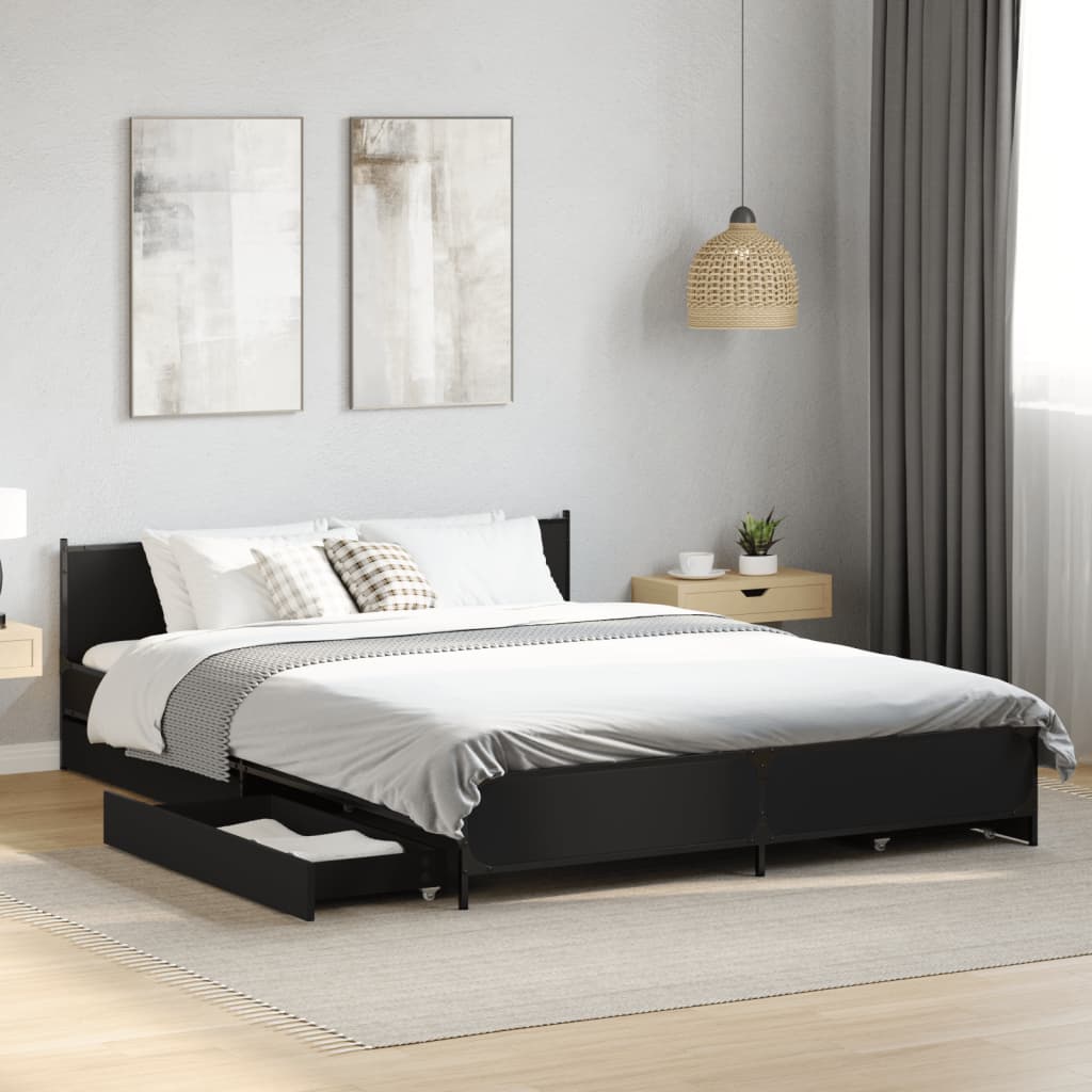 Bed Frame with Drawers Black 150x200 cm King Size Engineered Wood