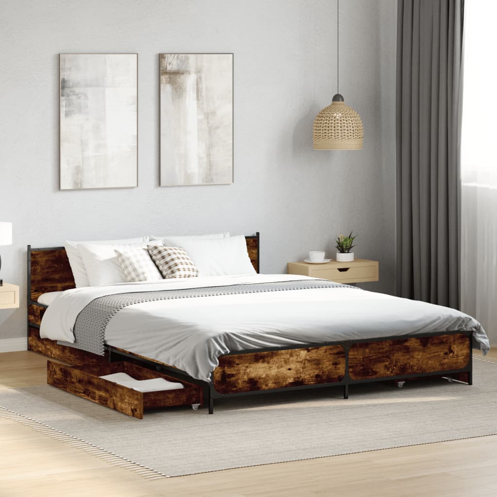 Bed Frame with Drawers without Mattress Smoked Oak 140x200 cm