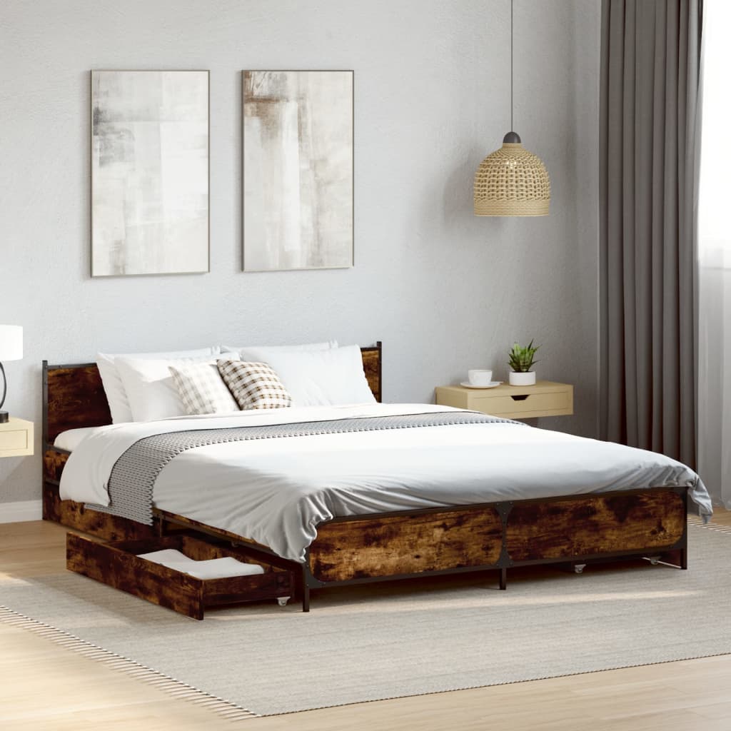 Bed Frame with Drawers Smoked Oak 135x190 cm Double Engineered Wood