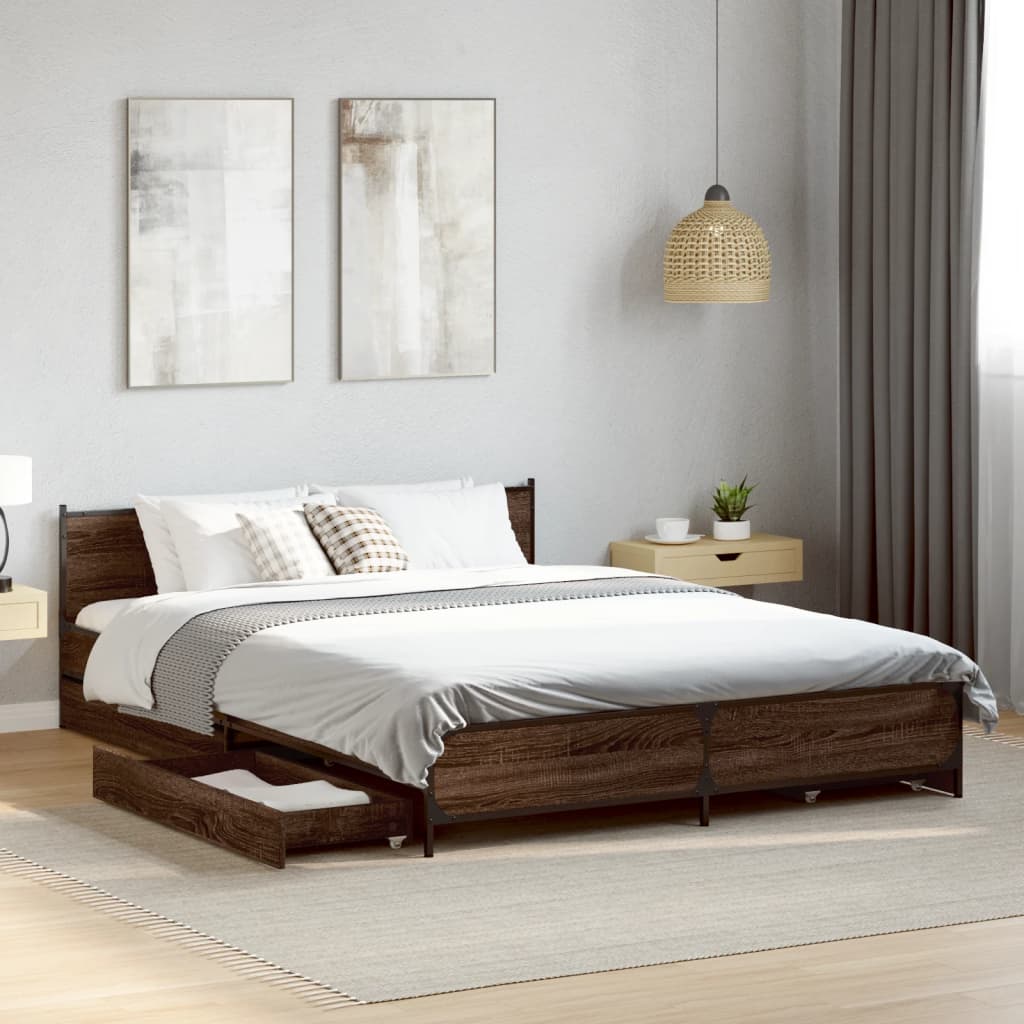 Bed Frame with Drawers without Mattress Brown Oak 135x190 cm Double