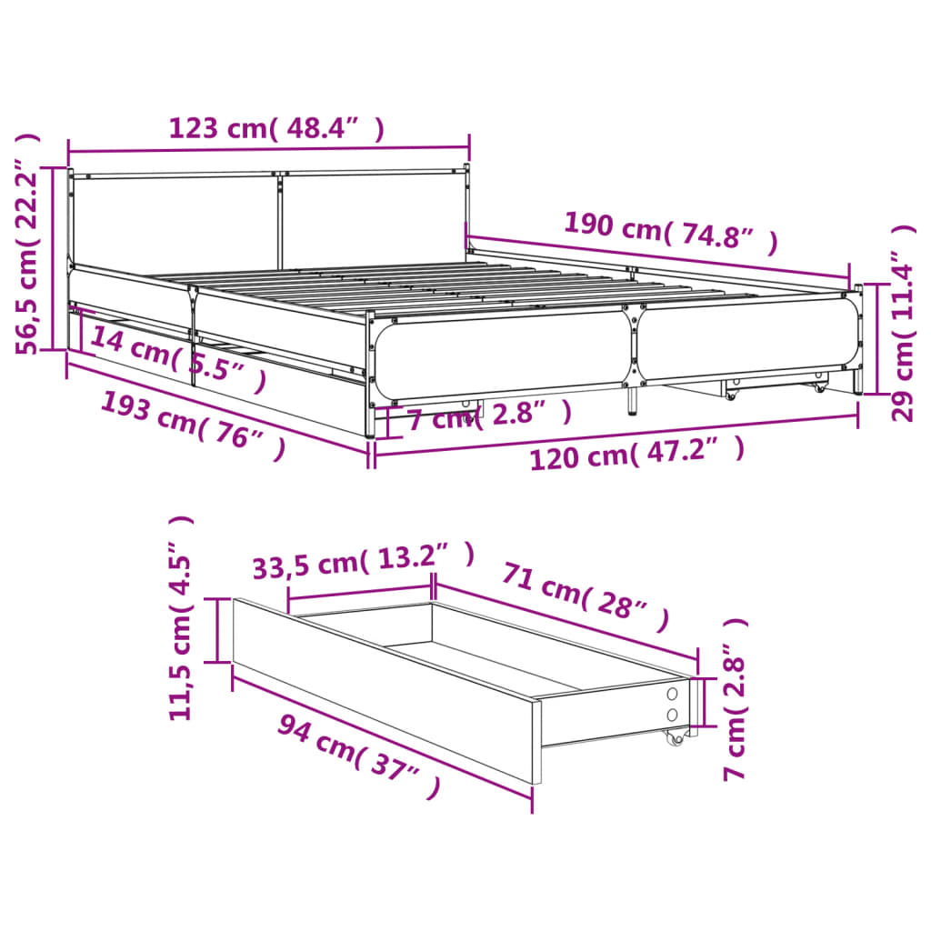 Bed Frame with Drawers Brown Oak 120x190 cm Small Double Engineered Wood