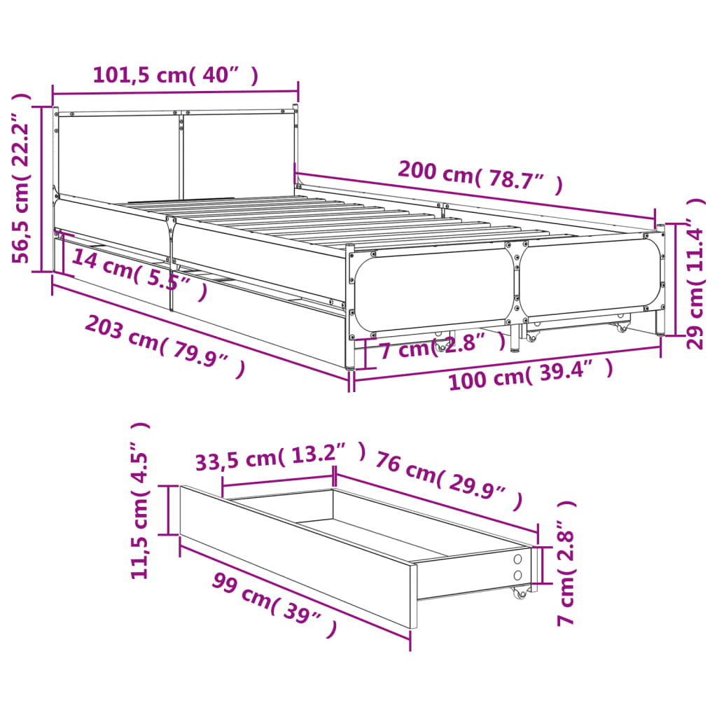 Bed Frame with Drawers Sonoma Oak 100x200 cm Engineered Wood