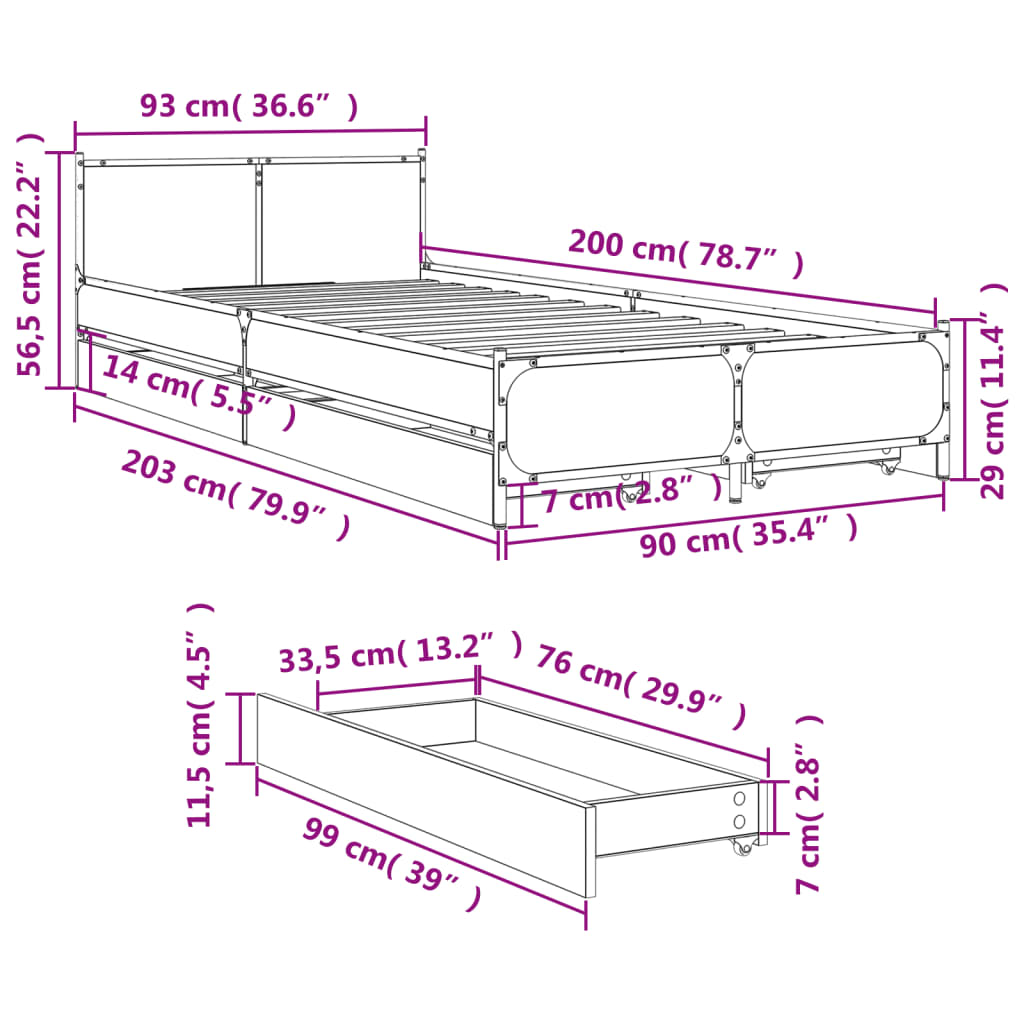 Bed Frame with Drawers without Mattress Sonoma Oak 90x200 cm