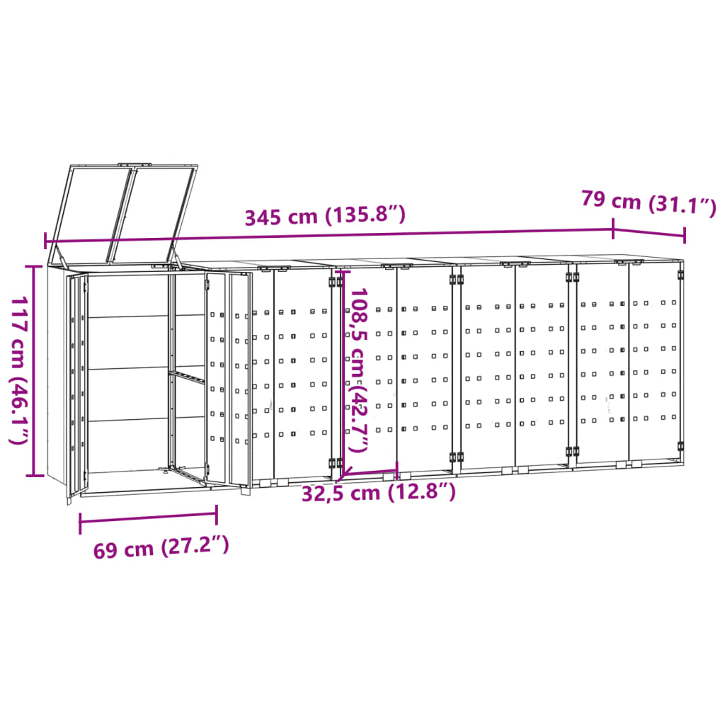 Wheelie Bin Storage for 5 Bins Anthracite 345x79x117 cm Steel