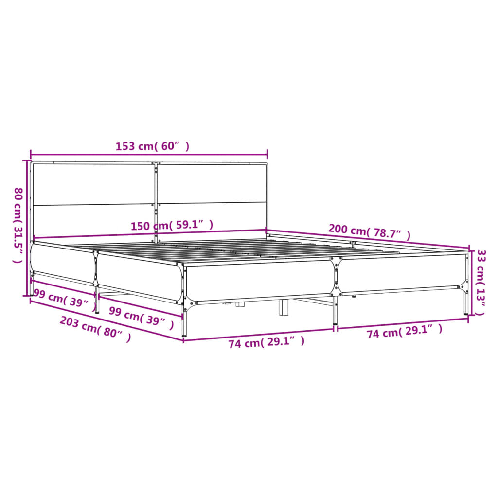 Bed Frame Sonoma Oak 150x200 cm King Size Engineered Wood and Metal