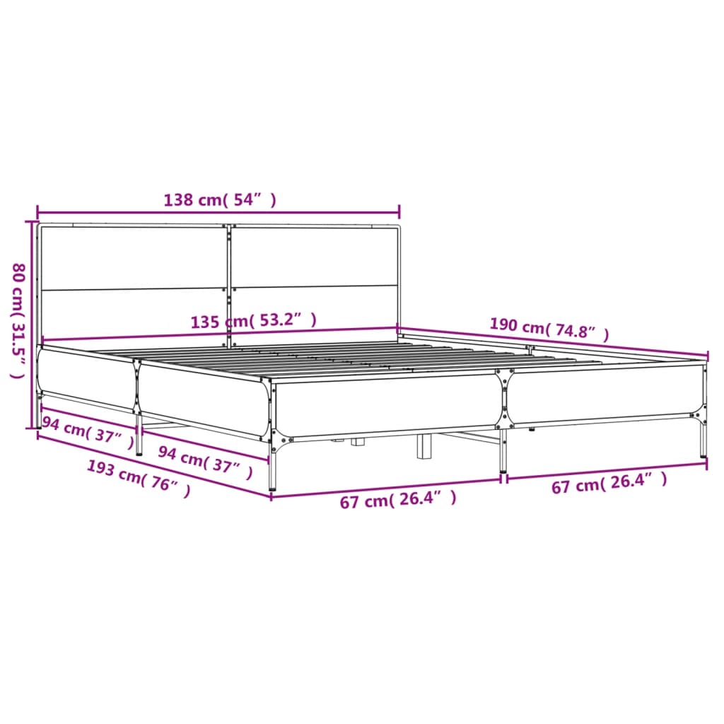 Bed Frame Smoked Oak 135x190 cm Double Engineered Wood and Metal