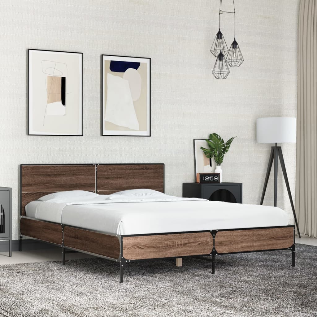 Bed Frame Brown Oak 140x190 cm Engineered Wood and Metal