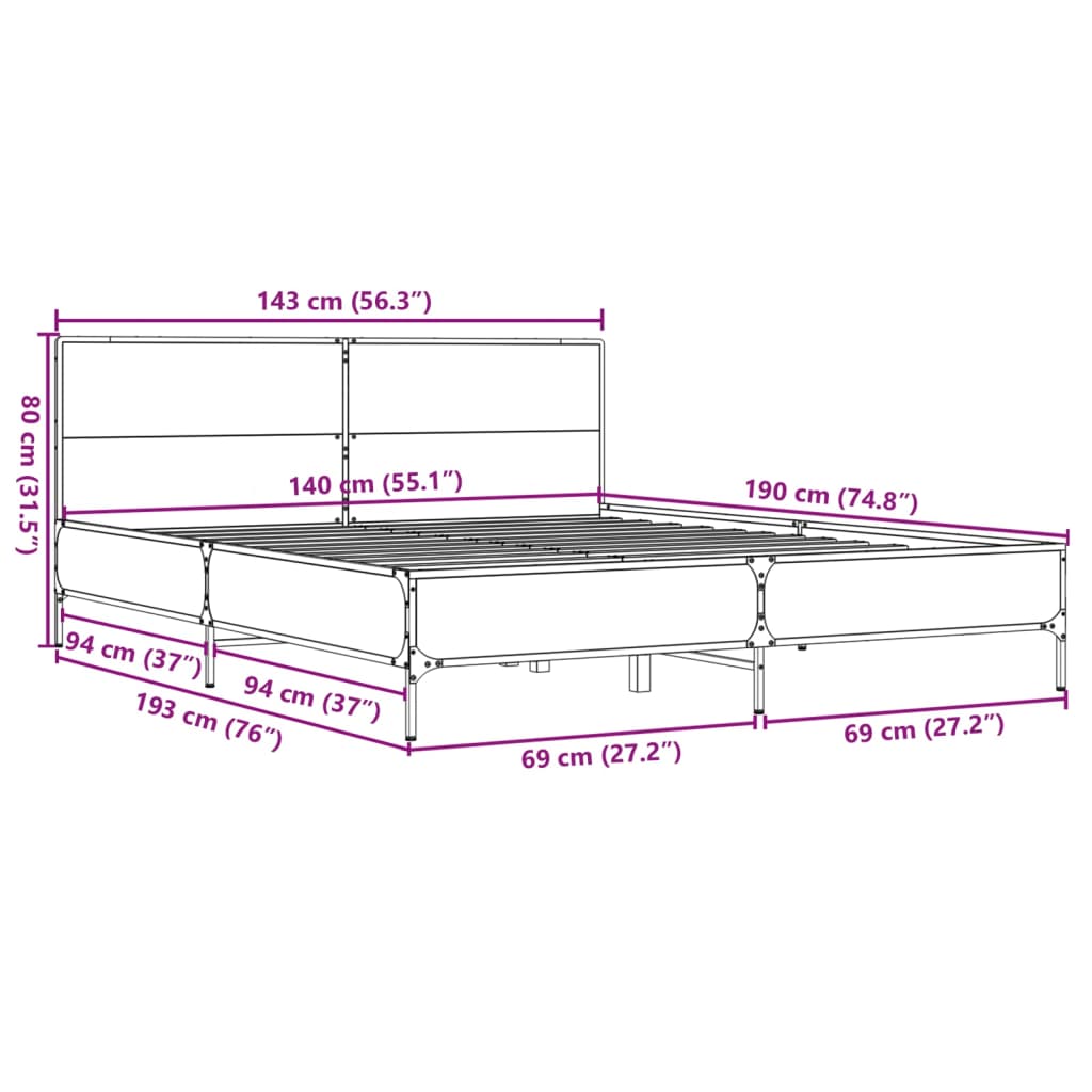 Bed Frame Brown Oak 140x190 cm Engineered Wood and Metal