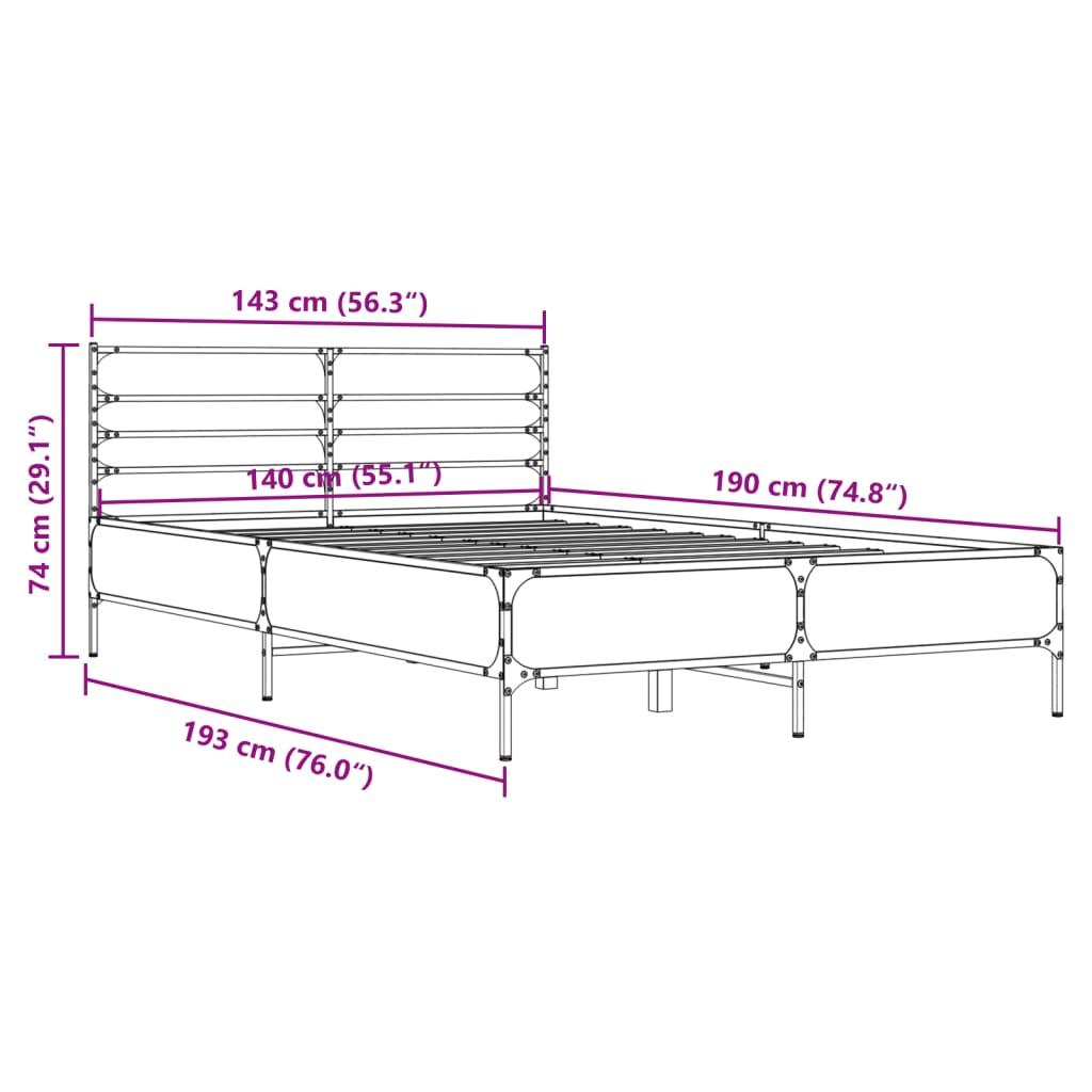 Bed Frame Sonoma Oak 140x190 cm Engineered Wood and Metal