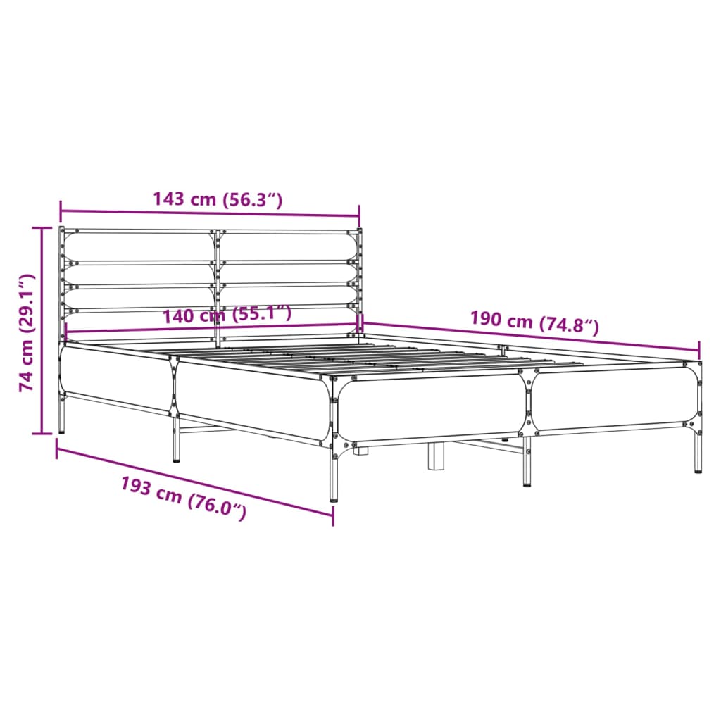 Bed Frame Smoked Oak 140x190 cm Engineered Wood and Metal