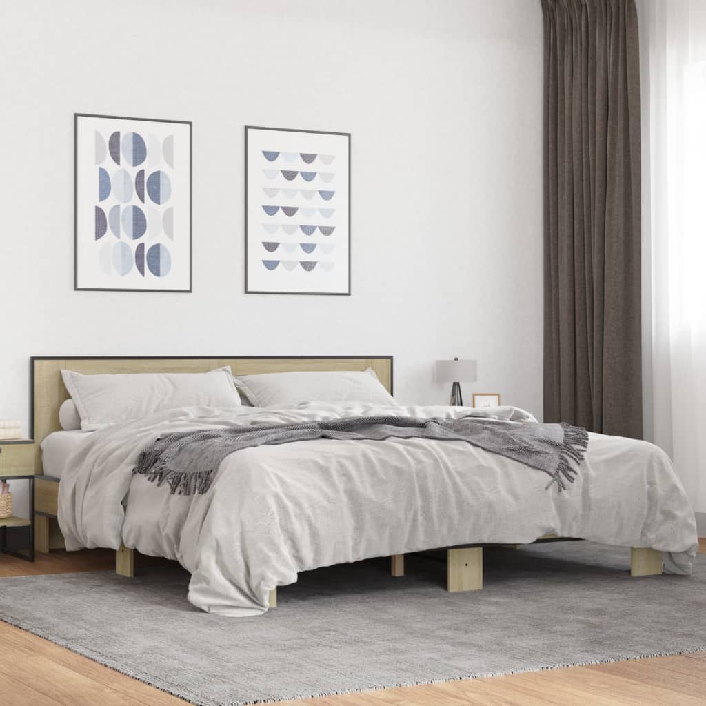 Bed Frame Sonoma Oak 200x200 cm Engineered Wood and Metal