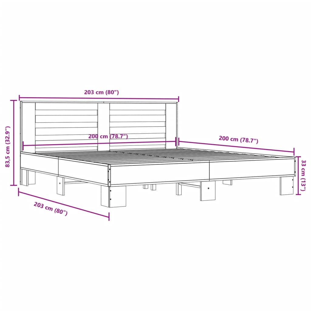 Bed Frame Sonoma Oak 200x200 cm Engineered Wood and Metal