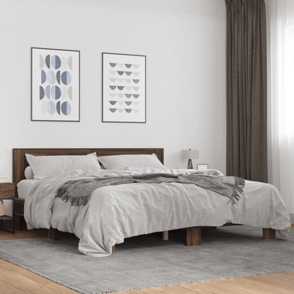 Bed Frame Brown Oak 200x200 cm Engineered Wood and Metal