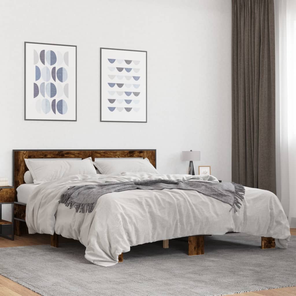 Bed Frame Smoked Oak 150x200 cm King Size Engineered Wood and Metal