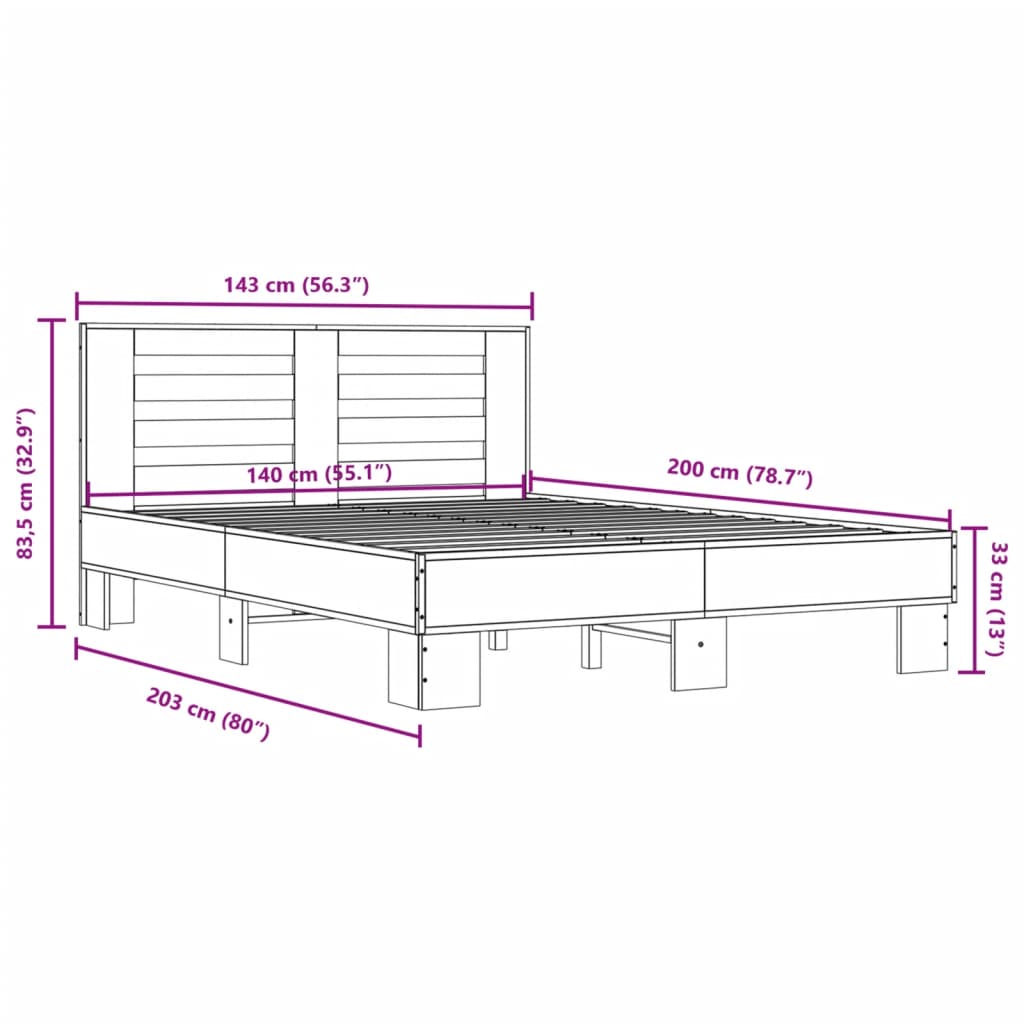 Bed Frame Smoked Oak 140x200 cm Engineered Wood and Metal