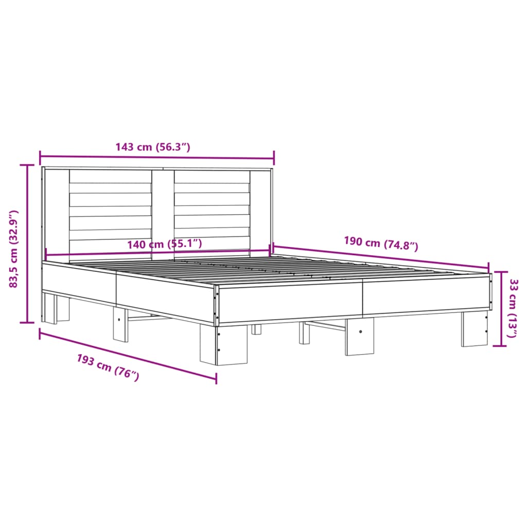 Bed Frame Brown Oak 140x190 cm Engineered Wood and Metal