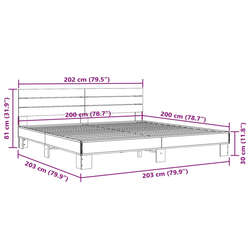 Bed Frame Sonoma Oak 200x200 cm Engineered Wood and Metal