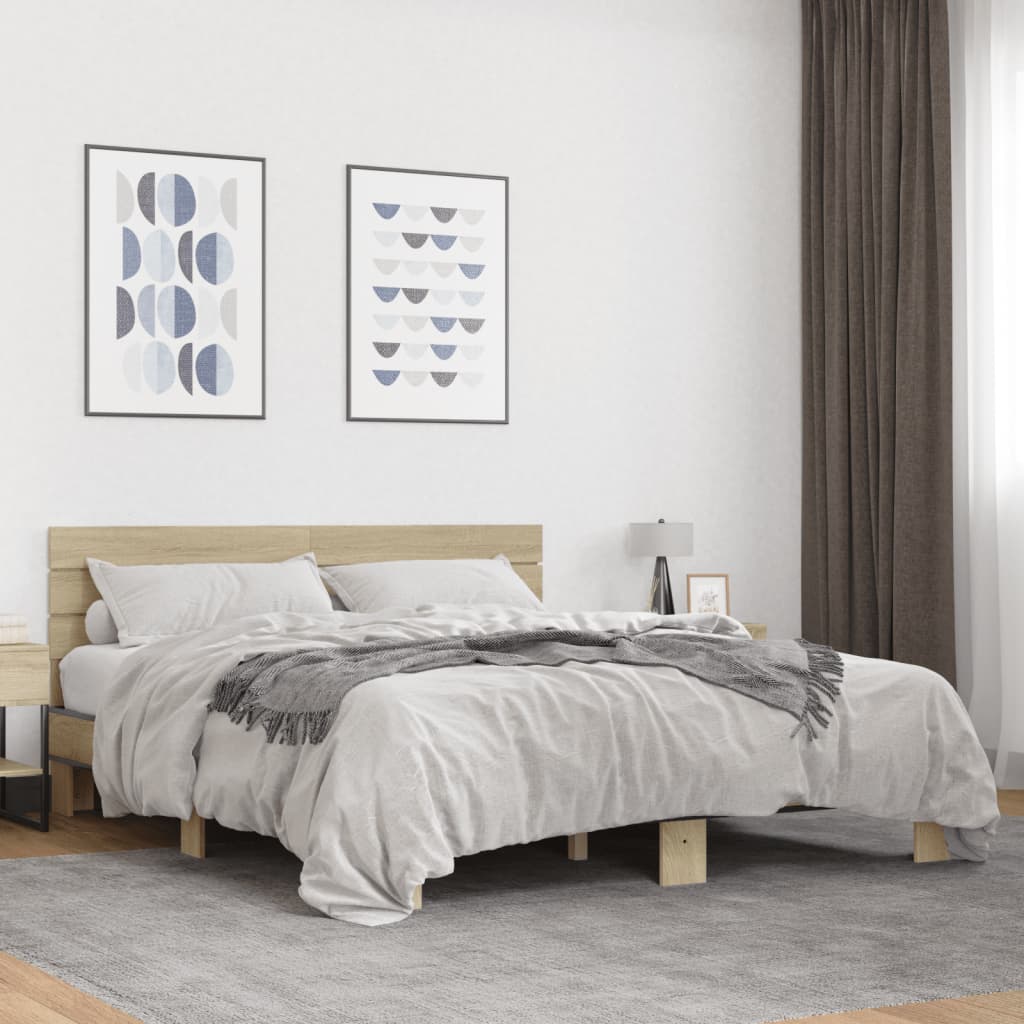 Bed Frame Sonoma Oak 150x200 cm King Size Engineered Wood and Metal