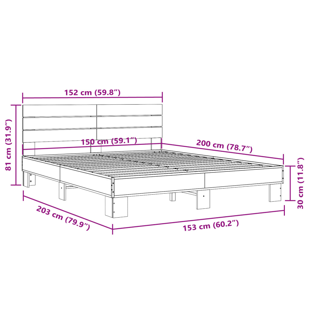 Bed Frame Sonoma Oak 150x200 cm King Size Engineered Wood and Metal