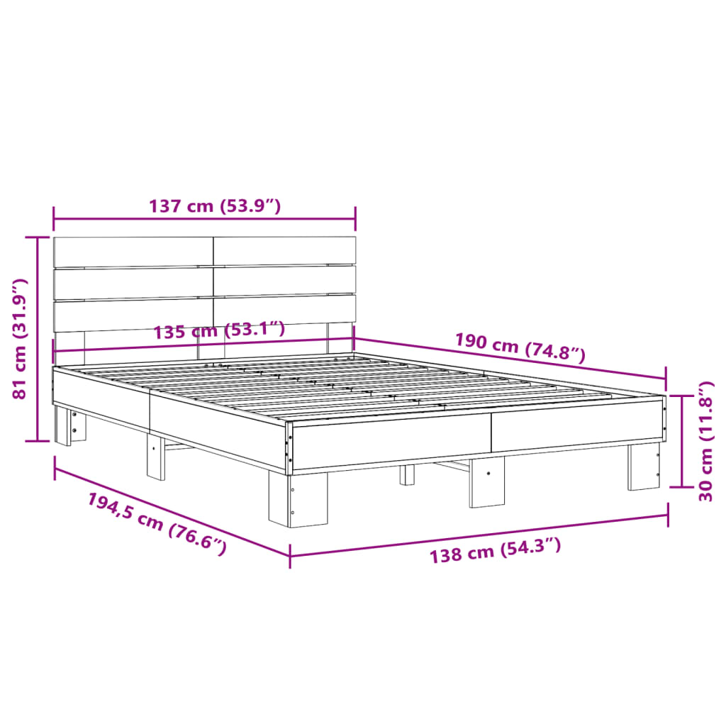 Bed Frame Smoked Oak 135x190 cm Double Engineered Wood and Metal