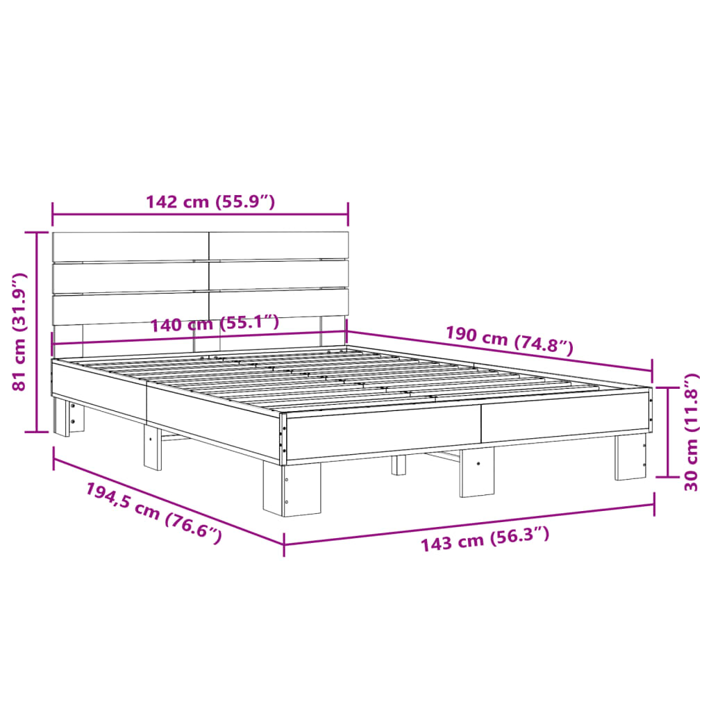 Bed Frame Brown Oak 140x190 cm Engineered Wood and Metal