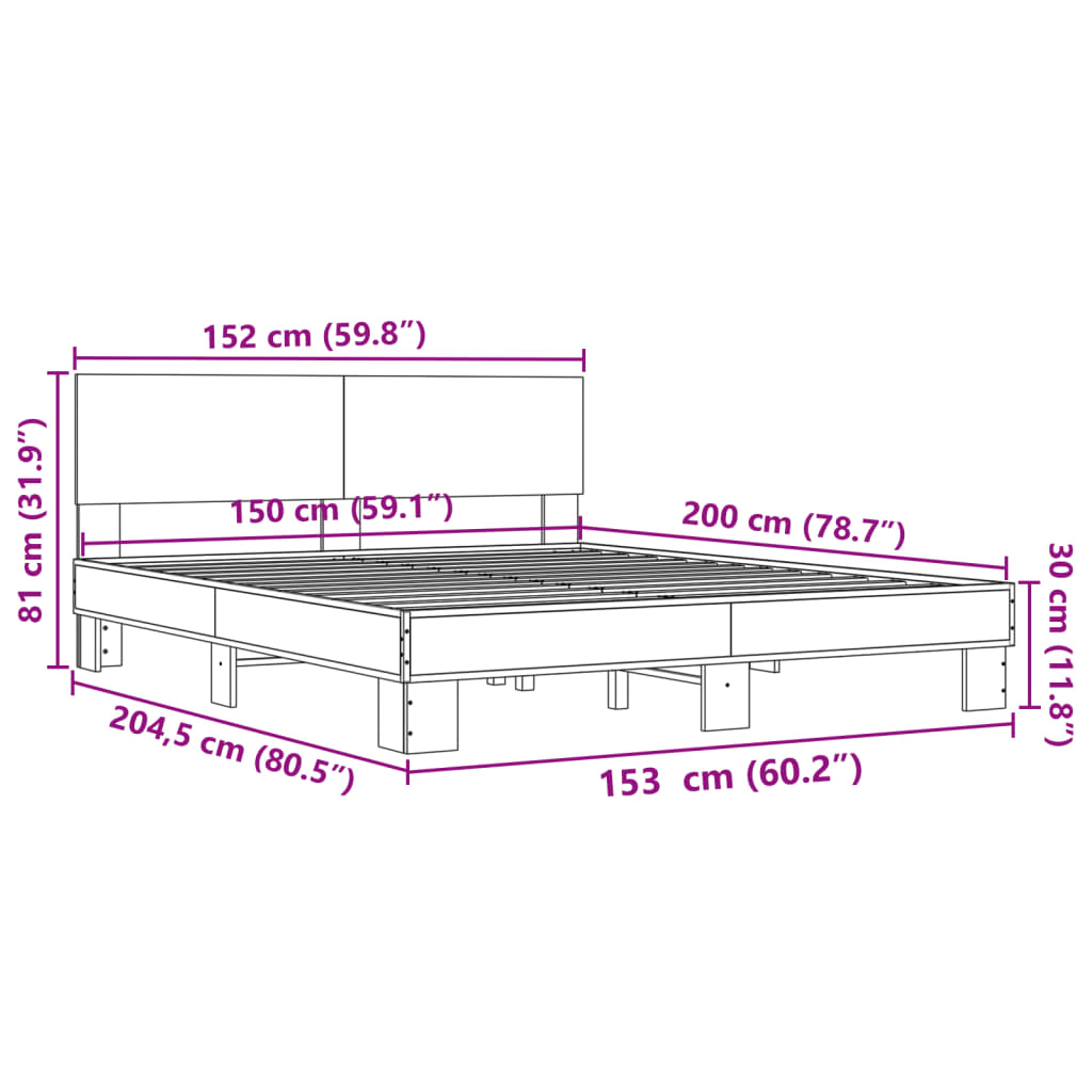 Bed Frame Sonoma Oak 150x200 cm King Size Engineered Wood and Metal