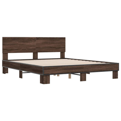 Bed Frame Brown Oak 150x200 cm King Size Engineered Wood and Metal