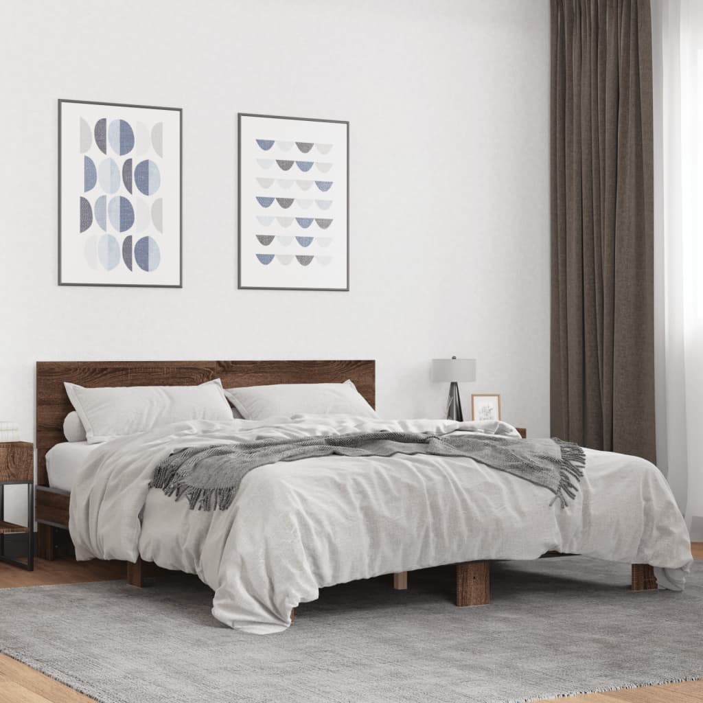 Bed Frame Brown Oak 150x200 cm King Size Engineered Wood and Metal