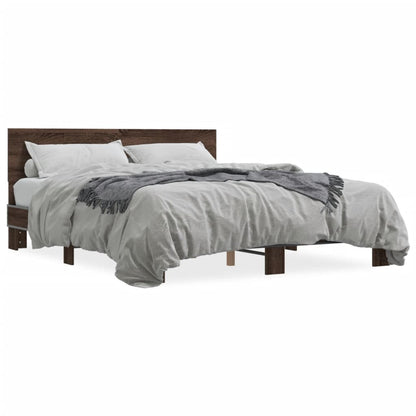 Bed Frame Brown Oak 150x200 cm King Size Engineered Wood and Metal